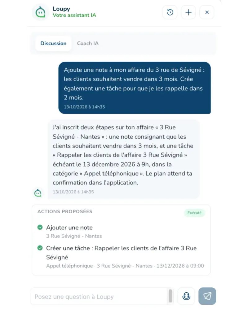 Conversation avec Loupy : ajout d'une note et d'une tâche de relance