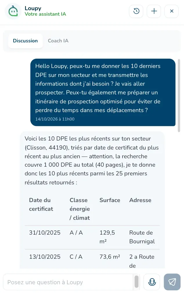 Conversation avec Loupy : les 10 derniers DPE du secteur et un itinéraire de prospection